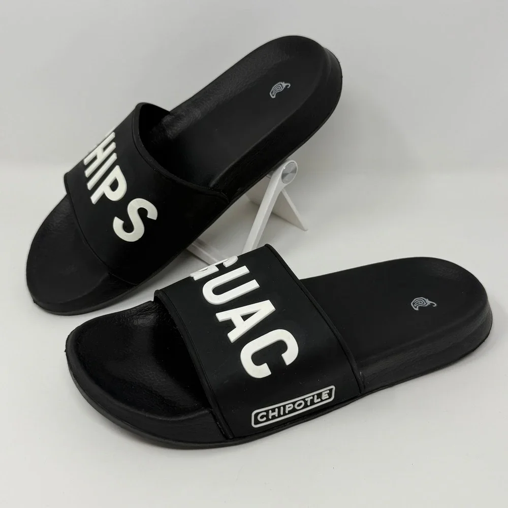 Chipotle Chips and Guac Black White Slide Sandals Mens 7 Womens 9 EU 40